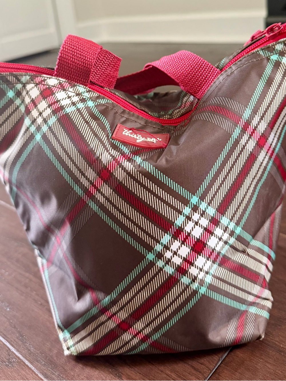 thirty-one insulated Brown Plaid Tote with Pink Handles and Aqua Stripes